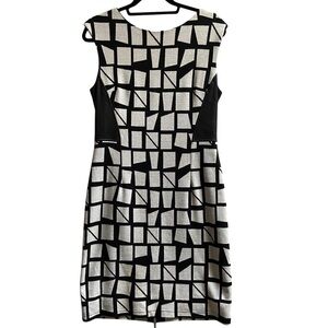 Joseph Ribkoff pattern back zipper leather panels midi dress Sz 12
